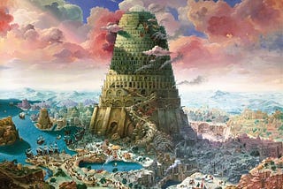 Colorful image depicting the tower of Babel.