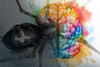 artistic rendering of a human brain with rainbow colors in and around it, with a dark spider or insect covering half of it. The insect or spider has no color.