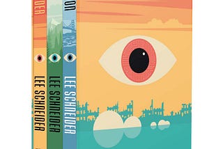 The three novels of the Utopia Engine trilogy are shown in a box set in the paperback editions. The color scheme of the first, SURRENDER, is orange, the second, RESIST, in green, and the third, LIBERATION, is blue.