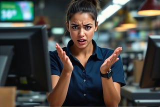 Frustrated woman at a service counter.