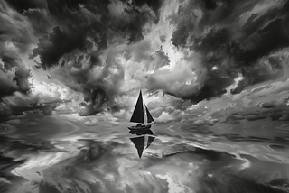 A monochrome image of a small sailboat lost between sea and sky