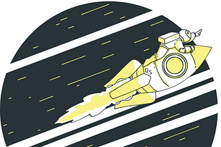 Illustration of an astronaut riding a rocket through space.