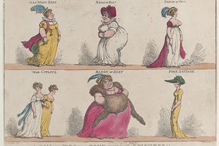 A Caricature of Women commenting on their body size from the 19th century.
