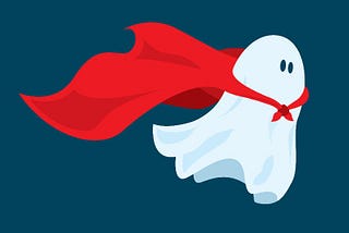 A drawing of a ghost, wearing a red cape, with a dark blue background.