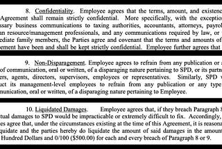 Confidentiality, non-disparagement, and liquidated damages clauses in the SPD severance agreement.