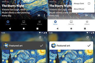 Muzei’s Main screen and Sources screen in both dark and light mode