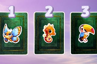 Three tarot pick a card piles: pile 1 — butterfly, pile 2 — seahorse, and pile 3 — toucan