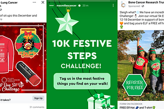 Screenshots showing Facebook and Instagram adverts for the Roy Castle Lung Foundation, Macmillan Cancer Support and Bone Cancer Research Trust Facebook challenges