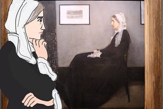 Cartoon version of Whistler’s Mother inspecting painting