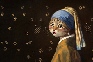 a surprised cat dressed in a blue headscarf with paw print background