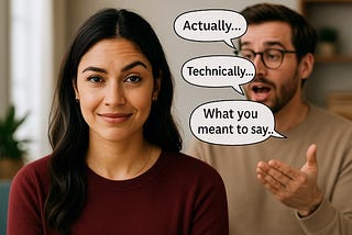 a knowing woman with an ironic expression stares at camera while man blabbers on in the background with speech bubbles