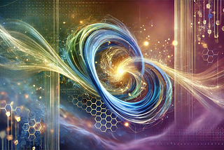 An abstract digital artwork shows the balance between AI knowledge and ethical responsibility. A blue and green flowing ribbon intertwines with a gold and white geometric pattern, symbolizing knowledge and ethical frameworks. Where they intersect, small bursts of light represent innovation and responsible AI use. The background gradient transitions from deep purple to soft lavender, conveying progress and hope. Subtle binary code is ghosted throughout, adding a tech-oriented feel.