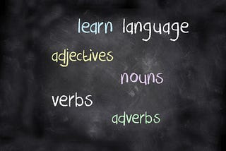 Blackboard with the words “learn language”, “adjectives”, “nouns”, “verbs”, and “adverbs” written in coloured chalk.