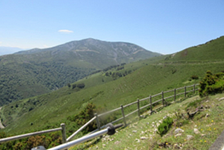 A broken fence guarding a steep hillside; green hills on the horizon
