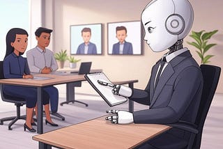 IMAGE: A cartoon-style image of a videoconference meeting with a note-taking robot documenting everything that’s being said