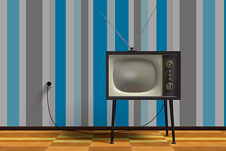 A graphic of a 1950s television plugged into a wall with blue, grey, and white striped wallpaper.