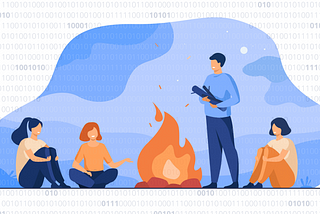 Illustration of people sitting around a fire, talking. In the background is binary code.