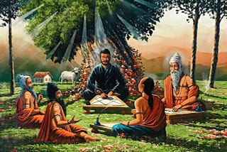 An assembly of learned men taking classes from the enlightened one as he reads a Hindu Astrology Chart or Vedic Horoscope chart