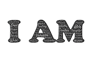 “I am” in a black font made up of other words on a white background