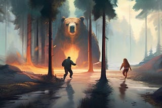 A bear, a man and a woman in the forest.