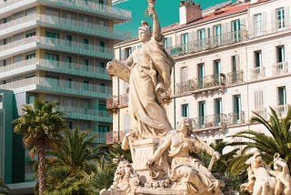 Place de la Liberté, Toulon, France. Statue holding human rights.
