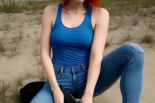 A tough-looking 29-year-old short light red hair, in a faded blue tank top, worn-out denim jeans, and combat boots, holding an automatic rifle.
