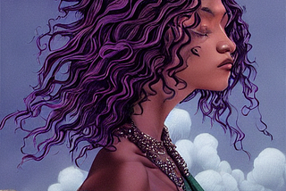 The image is an AI rendering of the profile of a beautiful young woman with dark skin and purple wavy hair in front of a blue sky with clouds. Her eyes are closed and she has some kind of ornate jewelry as a halter top for a green fantasy-world-style garment. Her thin, defined shoulder is exposed and she has an elegant grace and looks dream and regal.