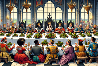 Cartoon of medieval banquet with King, Princess, and retinue around a table full of frogs.