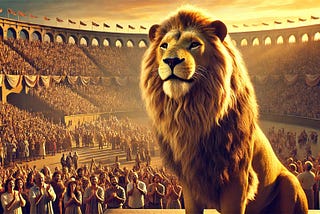 A beautiful male lion stand on a stage in an arena filled with cheering spectators. He stands proud- basking in the adulation.