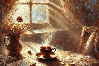 An impressionist-style painting depicting a serene morning scene. A cozy table is set by a window with warm sunlight streaming in. On the table, there’s a steaming cup of coffee, rich and dark, surrounded by subtle hints of a romantic and intimate atmosphere — perhaps a journal, a flower, or a soft scarf. The colors are warm and inviting, with shades of brown, gold, and soft pastels blending together. The brushstrokes are soft and textured, evoking a sense of tranquility and deep connection