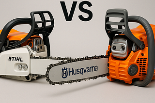 Stihl and Husqvarna chainsaws side by side.