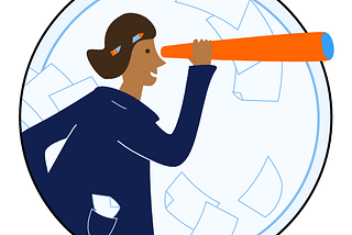 Illustration of a female scientist in a lab coat looking through a looking glass, with sheets of papers flying in the background.