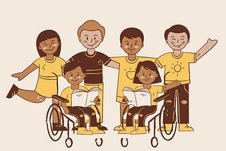An animated picture of 6 children in 2 rows. Four of them are standing and two of them use wheelchairs. The group is diverse in terms of gender and skin colour as well.