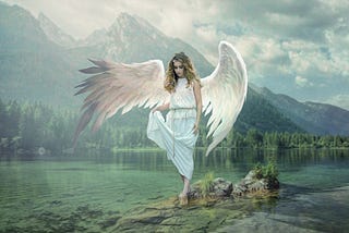 A angel, landscape in the background