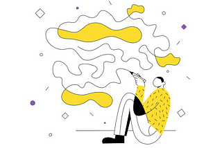 The image depicts an abstract design. A person in a yellow patterned shirt sits, drawing wavy lines with a pen. Surrounding the figure are fluid, cloud-like shapes in yellow contrasted against a white background. Scattered geometric shapes, like small diamonds and circles, accentuate the space.