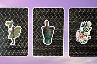 Three tarot pick a card piles: pile 1 — fairy, pile 2 — mortar and pestle, and pile 3 — flower bouquet