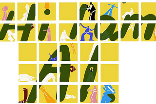 This image features a grid of 31 square tiles with blue, pink, burgundy and orange figures inside the tiles interacting with dark green letters of the phrase “Hi, I am AI” set against a yellow background. The figures are positioned in various poses, as if they are climbing, pushing, or leaning on the letters.