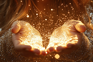 A Starseed woman of sparkling tiny stars of golden white light holds out her hands and shares myriads of sparkling stars of Light.