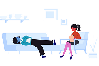 An illustration of a person, lying down looking upset in a therapist’s office.