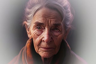 An old, frail woman staring at the viewer.