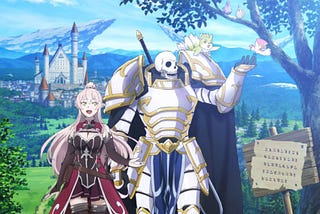 A skeleton knight in heavy armor walks down a dirt path beside a pink-haired elf girl. Title: Skeleton Knight in Another World.