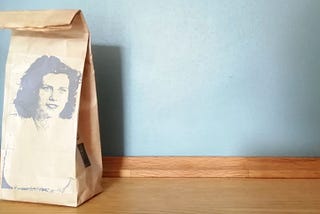 Margaret Knight’s image superimposed on a paper grocery bag