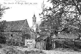 In the foreground: old stables, scattered and unorganized. In the background of this electronically made sketch is a church tower. On the right is a big tree