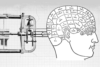 A black-and-white image of vintage illustrations of an industrial machine appearing attached and controlling an individual’s head marked scientifically with different regions. The image conveys the question of whether technology controls humans or vice versa.