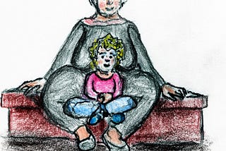 A cartoon of a big elder woman holding a toddler on her knees