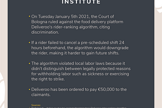 Court in Bologna ruled against Deliveroo’s algorithm