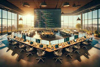 A modern office scene with laptops showcasing Python code, set against Silicon Valley’s backdrop, embodies the sharing of advanced Python secrets for coding success.