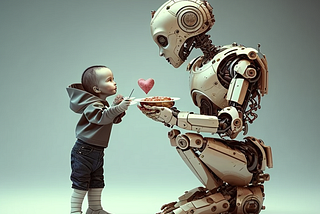 A small child being taken care of by a large robot. The robot is lovingly sharing a plate of food.