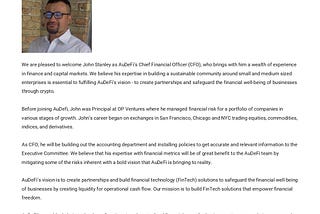 AuDeFi Press Release: Announcing Appointment of new Chief Financial Officer