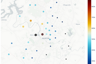 scattermap of properties in and around Austin Texas according to value